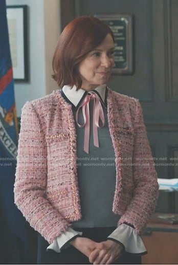 Elsbeth’s grey sweater and pink tweed jacket on Elsbeth