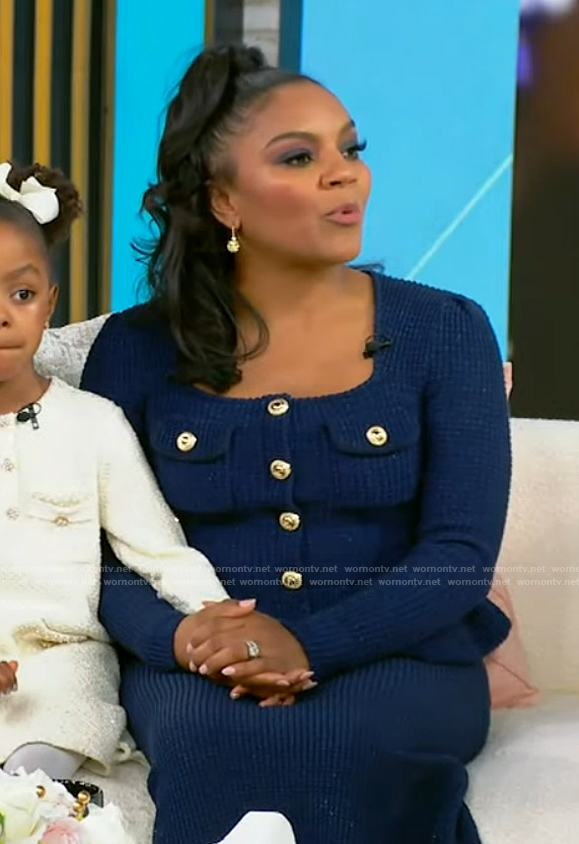 Ellen Sellers’s blue tweed peplum dress on Tamron Hall Show