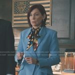 Elsbeth’s polka dot tie neck blouse and blue peplum blazer on Elsbeth