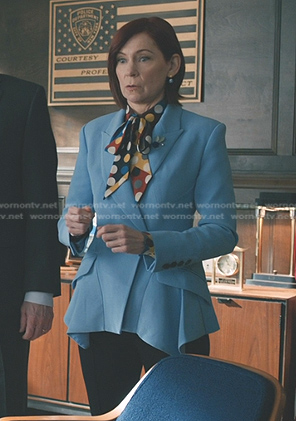 Elsbeth’s polka dot tie neck blouse and blue peplum blazer on Elsbeth