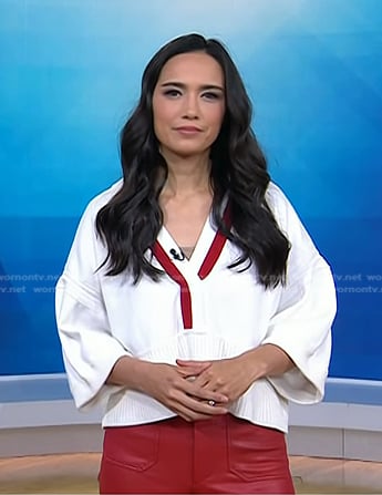 Emilie’s white v-neck sweater and red leather pants on Today
