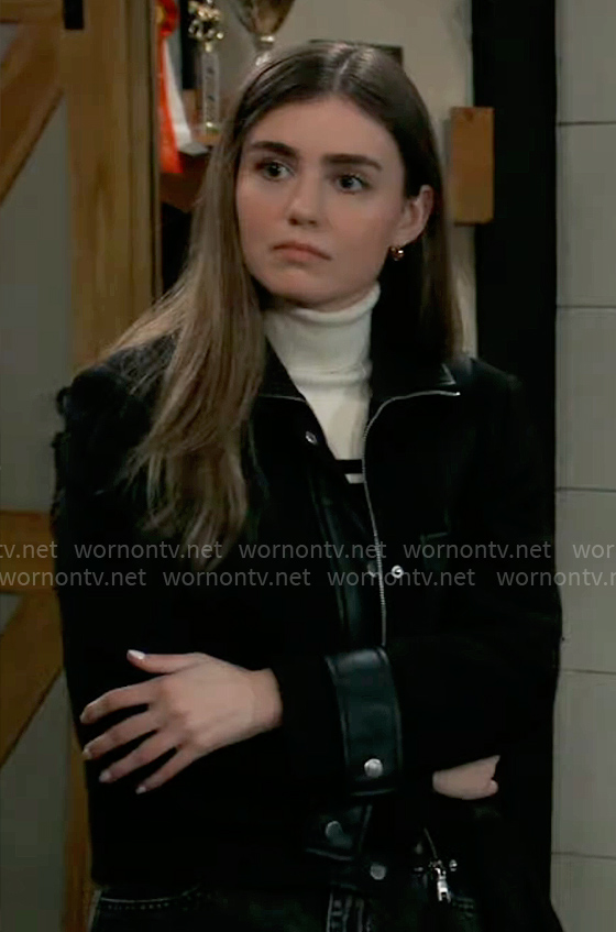 Emma’s black leather detail jacket on General Hospital