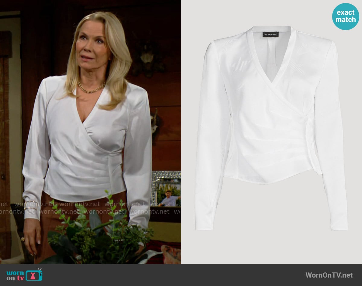 Emporio Armani Wrap-Front Satin Blouse worn by Brooke Logan (Katherine Kelly Lang) on The Bold and the Beautiful