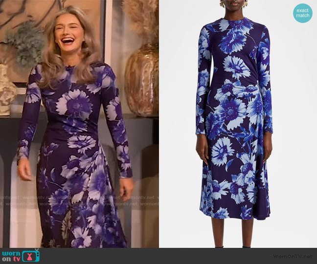 Erdem Troubridge Floral Draped Long Sleeve Ponte Jersey Midi Dress worn by Paulina Porizkova on The Drew Barrymore Show