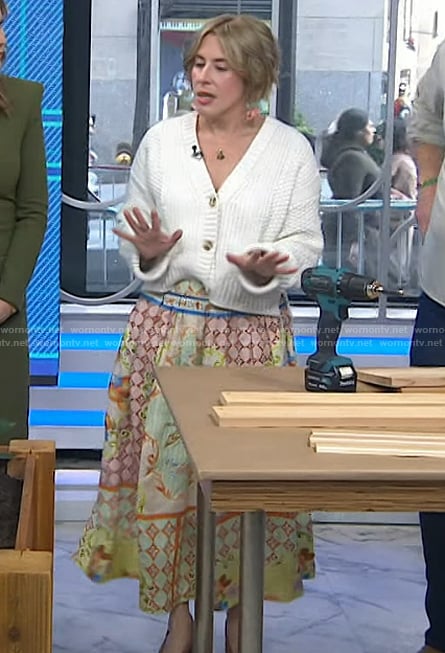 Erin Napier’s white cardigan and printed skirt on Today
