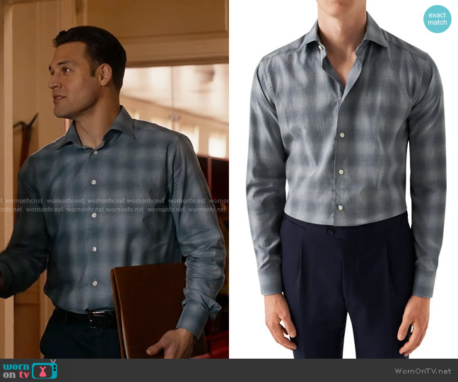 Eton Printed Slim Fit Dress Shirt in Medium Blue worn by Eddie Diaz (Ryan Guzman) on 9-1-1
