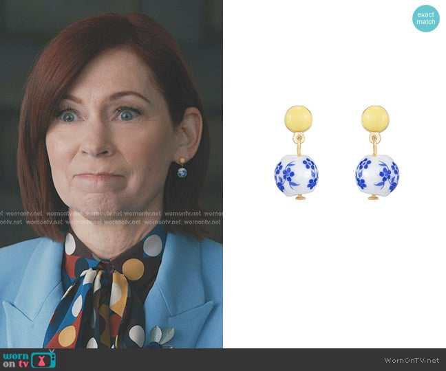 Ettika Chinoiserie Imitation Pearl Drop Earrings worn by Elsbeth Tascioni (Carrie Preston) on Elsbeth