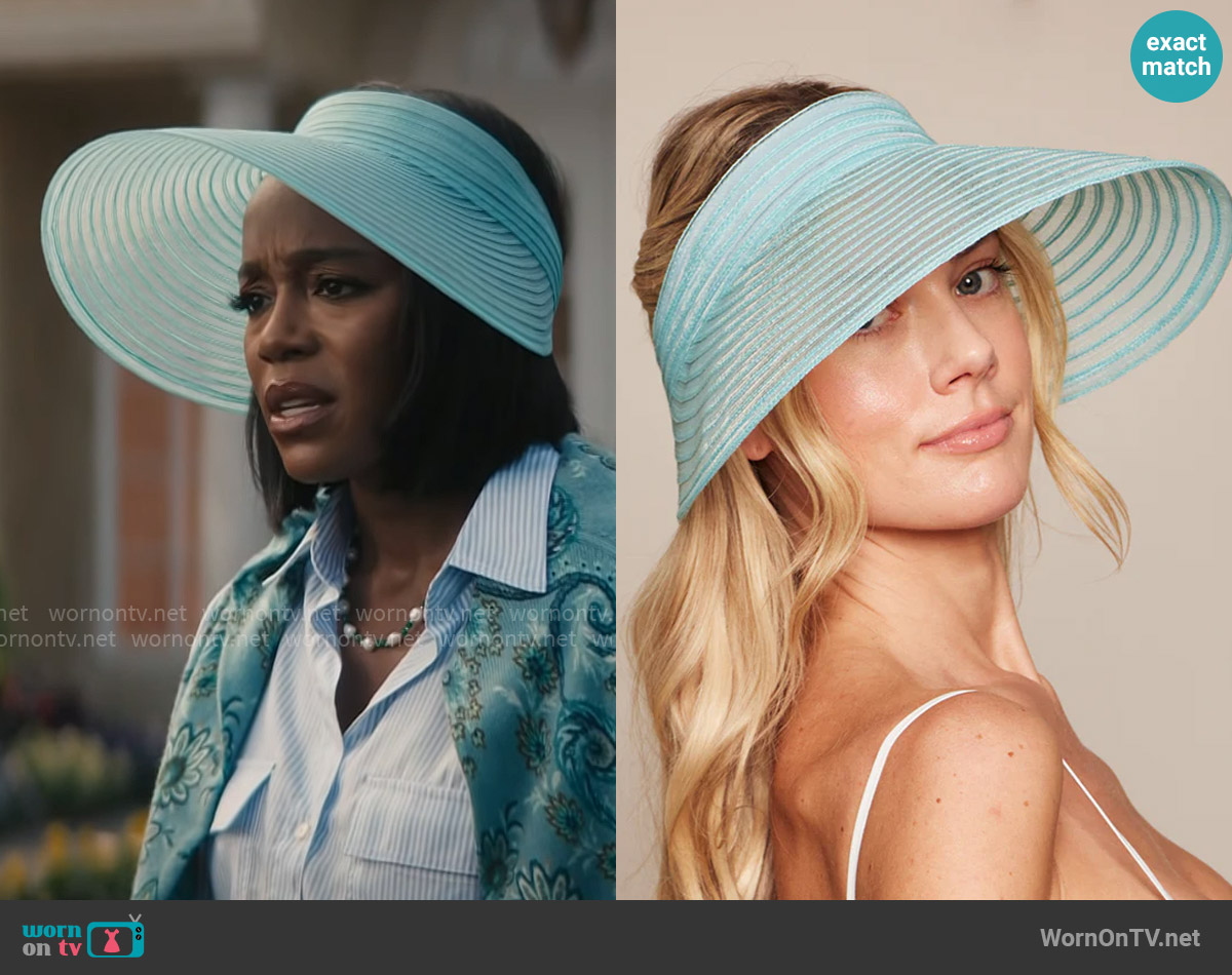 Eugenia Kim Trixie Visor in Aqua worn by Catherine (Aja Naomi King) on Grosse Pointe Garden Society