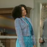 Eva’s blue tweed jacket and button front dress on Beyond the Gates