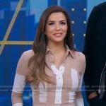 Eva Longoria’s beige striped cardigan and belted pants on Good Morning America