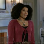 Eva’s pink tie front cardigan on Beyond the Gates