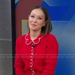 Eva’s red scalloped trim cardigan and jeans on Good Morning America