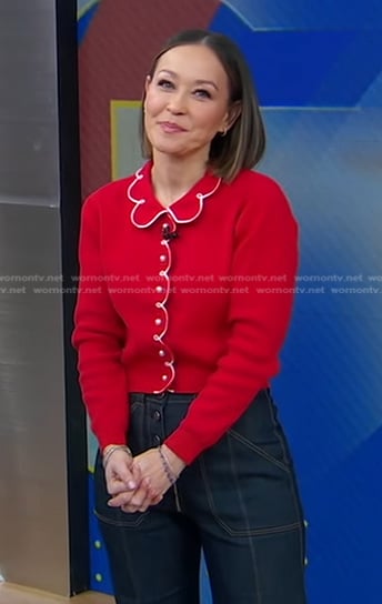 Eva’s red scalloped trim cardigan and jeans on Good Morning America