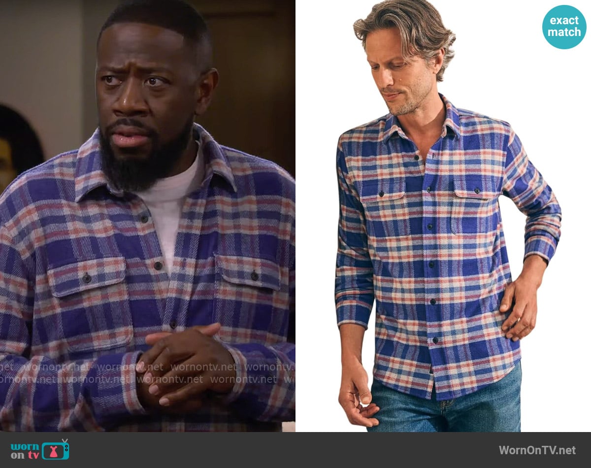 Faherty Legend Sweater Shirt in Navy Skyline Plaid worn by Malcom (Sheaun McKinney) on The Neighborhood