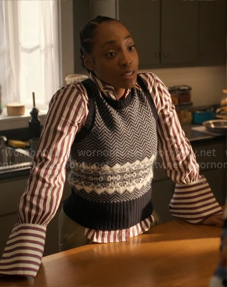 Faith’s printed sweater vest and striped shirt on Will Trent