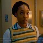 Faith’s striped sweater vest and blue shirt on Will Trent