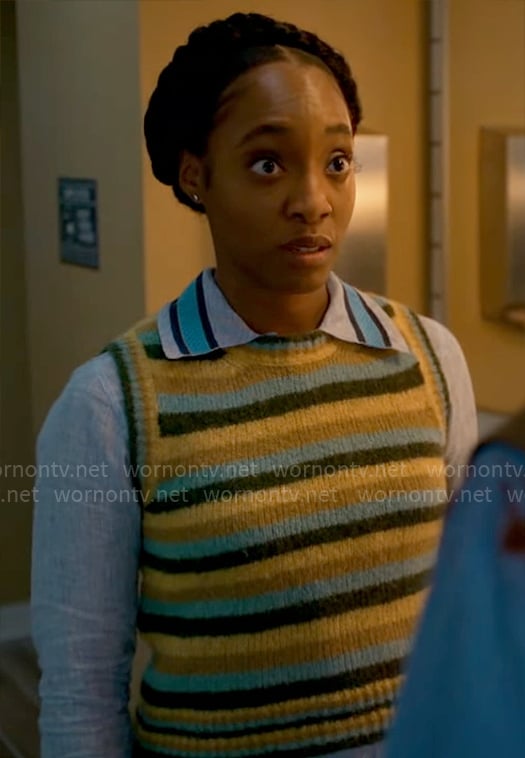 Faith’s striped sweater vest and blue shirt on Will Trent