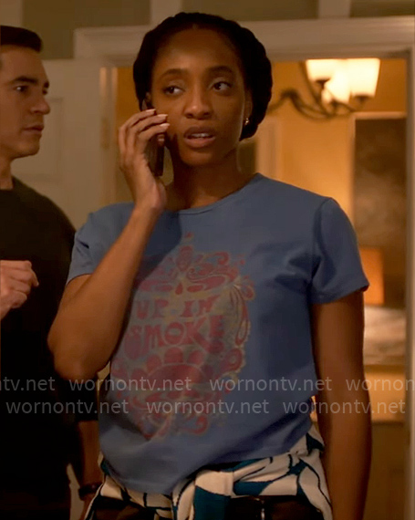Faith’s blue Up In Smoke t-shirt on Will Trent