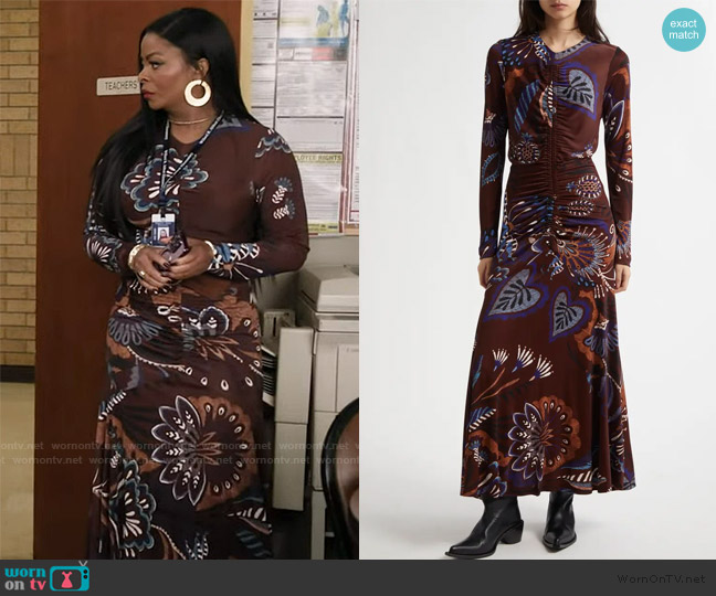 FARM RIO Floral Gathered Bodice Midi Dress worn by Janine Teagues (Quinta Brunson) on Abbott Elementary