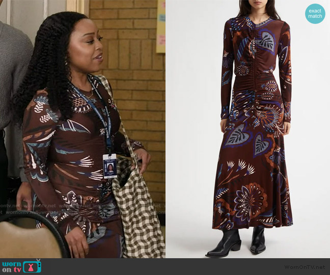 FARM RIO Floral Gathered Bodice Midi Dress worn by Janine Teagues (Quinta Brunson) on Abbott Elementary