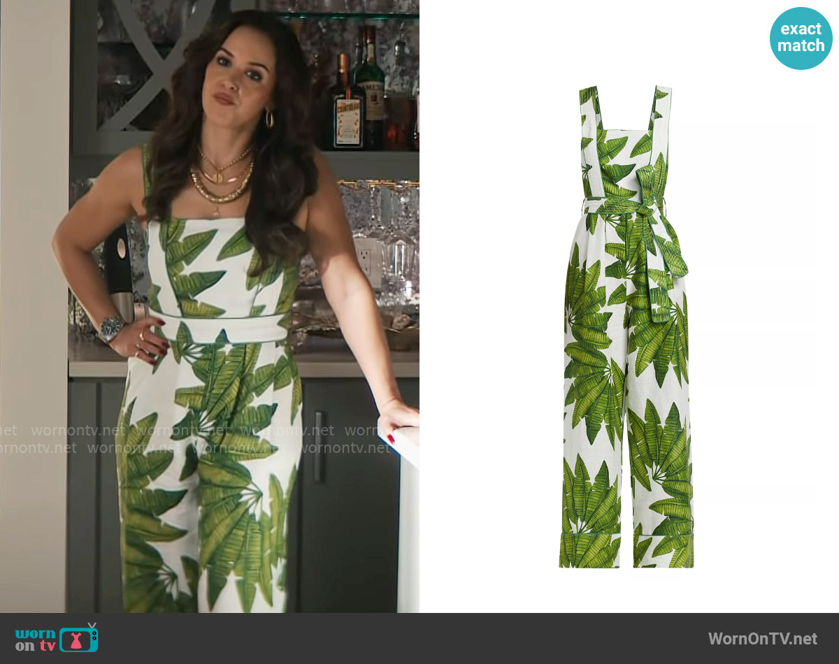 FARM Rio Palm Fan Linen Wide-Leg Jumpsuit worn by Birdie (Melissa Fumero) on Grosse Pointe Garden Society