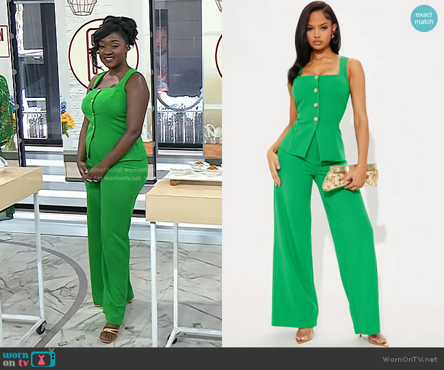 Fashion Nova Ready For Business Office Vest Wide Leg Pant Set in Kelly Green worn by Valerie Agyeman on Today