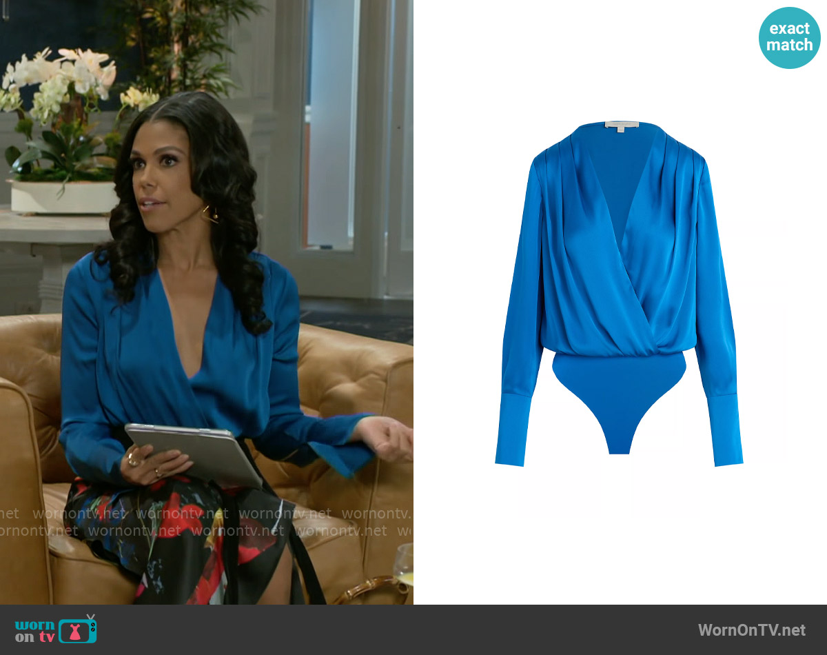 Favorite Daughter Date Surplice Blouse in Sapphire worn by Dani Dupree (Karla Mosley) on Beyond the Gates