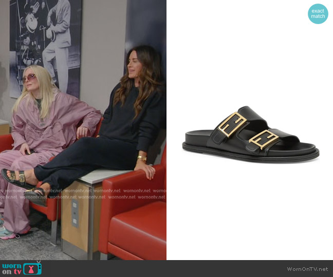 Fendi Feel Dual Strap Slide Sandal in Black worn by Kyle Richards on The Real Housewives of Beverly Hills