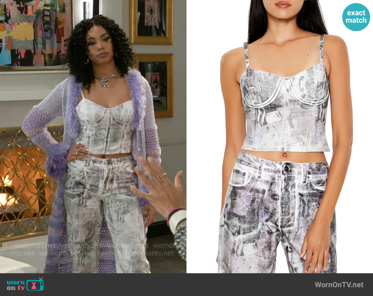 Forever 21 Abstract Print Denim Cropped Cami worn by Chelsea Hamilton (RhonniRose Mantilla) on Beyond the Gates