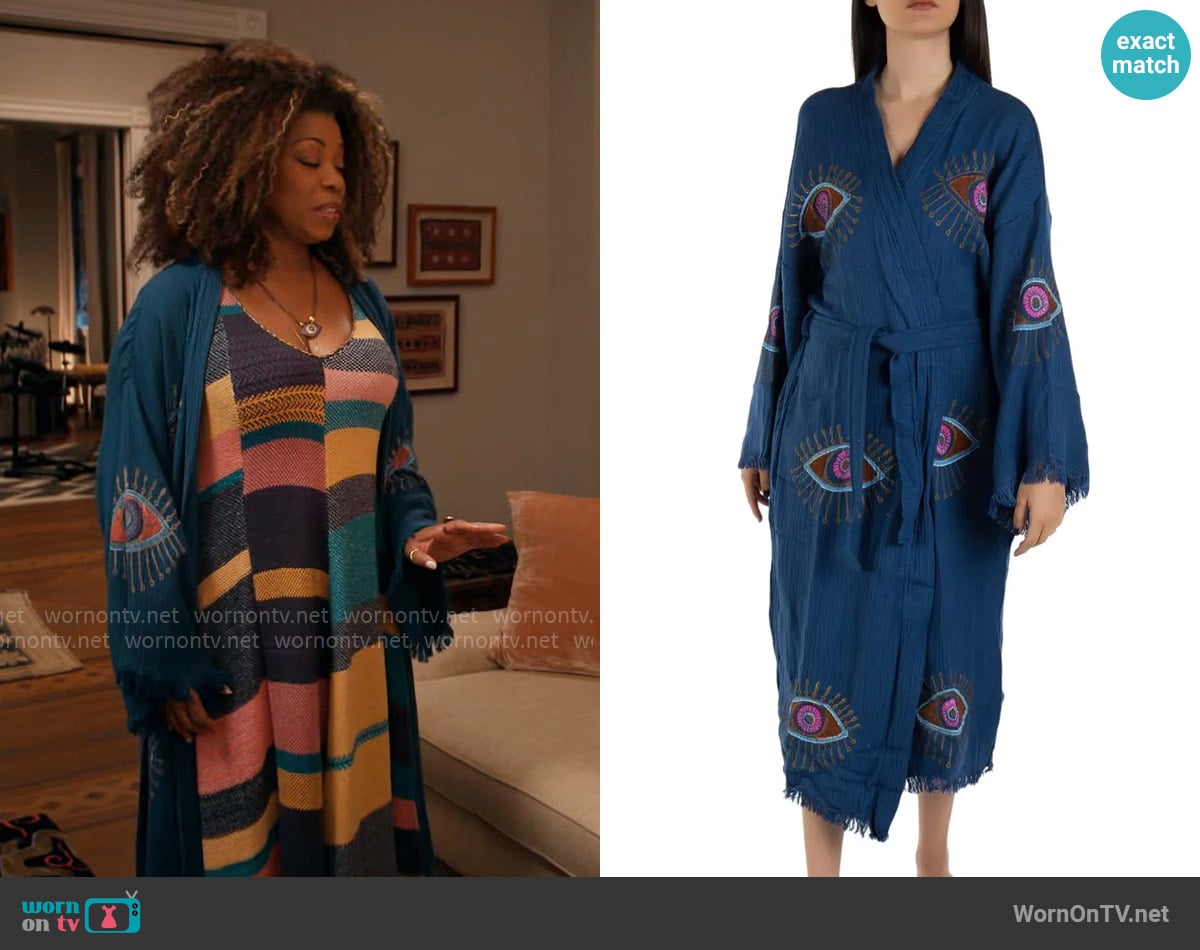 Forever & Always Shoes Aria Evil Eye Handmade Cotton Kimono worn by Viola Marsette (Lorraine Toussaint) on The Equalizer