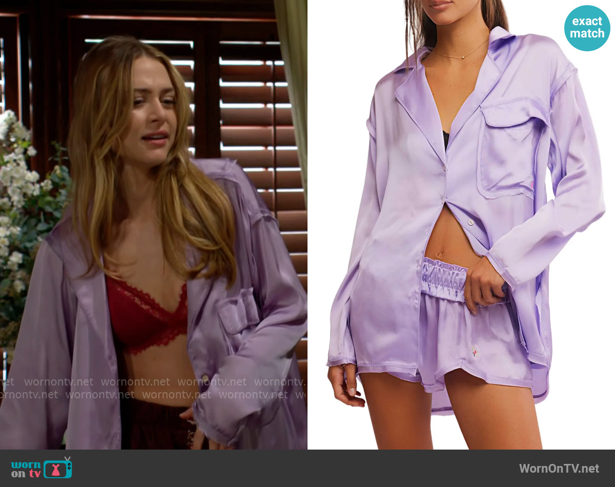 Free People Like Honey Long-Sleeve Satin Pajama Shirt in Orchid Bloom worn by Claire Grace (Hayley Erin) on The Young and the Restless