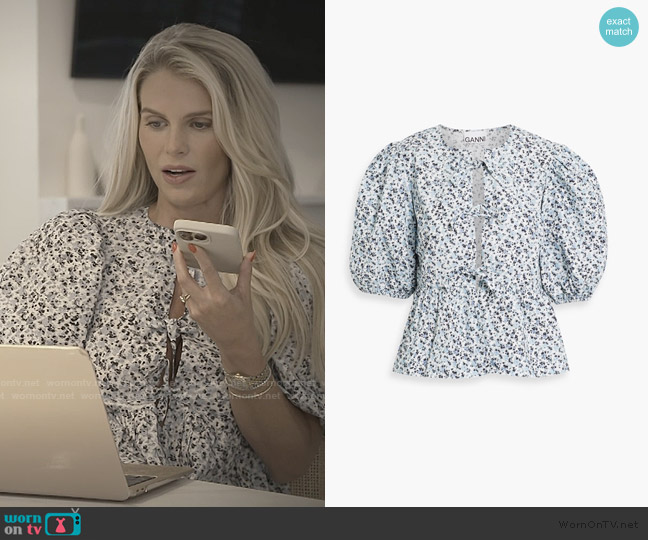 Ganni Blue Floral Printed Peplum Blouse worn by Madison LeCroy on Southern Charm
