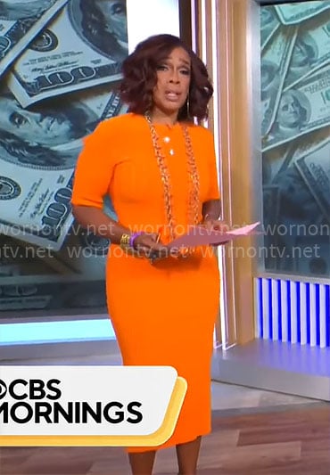 Gayle King’s orange rib knit dress on CBS Mornings