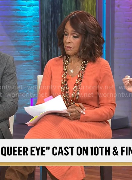 Gayle King’s orange rib knit v-neck dress on CBS Mornings