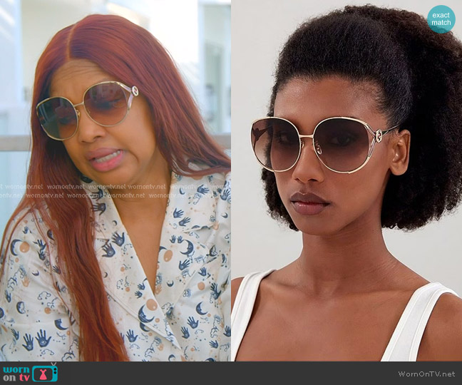 Gucci Gg0225S 63mm Round Sunglasses in Gold/Brown worn by Garcelle Beauvais on The Real Housewives of Beverly Hills