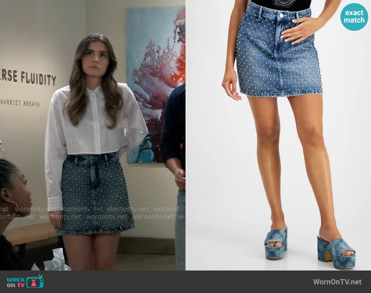 Guess Carol Cotton Embellished Mini Denim Skirt worn by Emma Scorpio-Drake (Braedyn Bruner) on General Hospital
