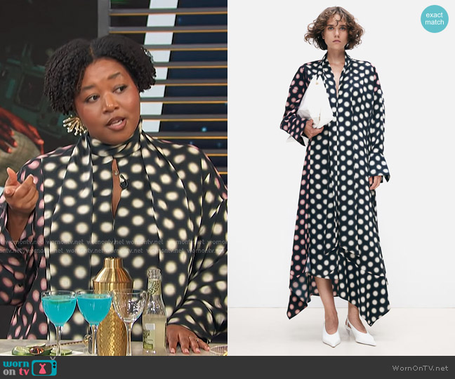 H&M Graphic-Patterned Dress with Tie Neck worn by Alexis Alston on Access Hollywood