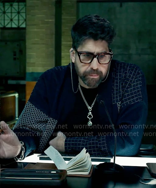 Harry’s navy patchwork cardigan on The Equalizer