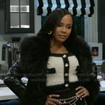 Hayley’s fluffy cardigan and leather and fur coat on Beyond the Gates