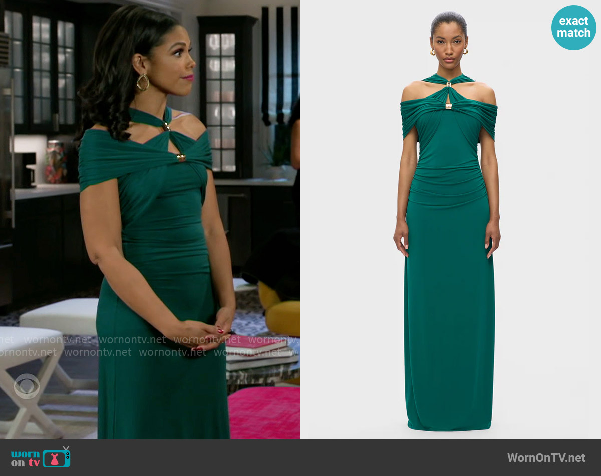 Herve Leger Elle Gown in Pine worn by Dani Dupree (Karla Mosley) on Beyond the Gates