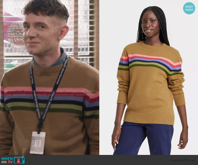 Houston White Striped Crewneck Pullover Sweater worn by Jacob Hill (Chris Perfetti) on Abbott Elementary