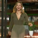 Iliza’s green cardigan and sheer maxi skirt on The Kelly Clarkson Show