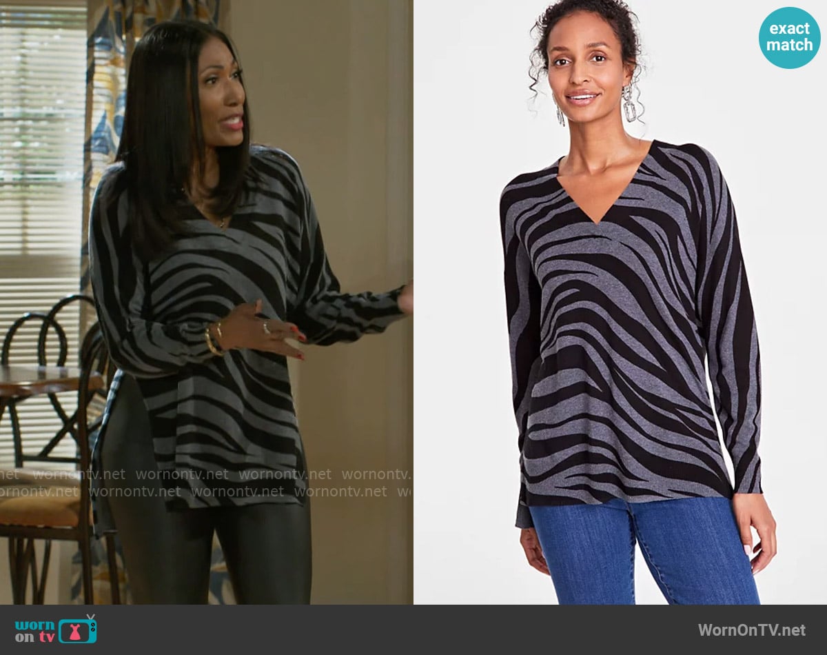 INC International Concepts Zebra-Print V-Neck Sweater in Grey Black worn by Dana 'Leslie' Thomas (Trisha Mann-Grant) on Beyond the Gates