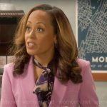 Ivy’s pink suit and tie-neck blouse on Poppas House