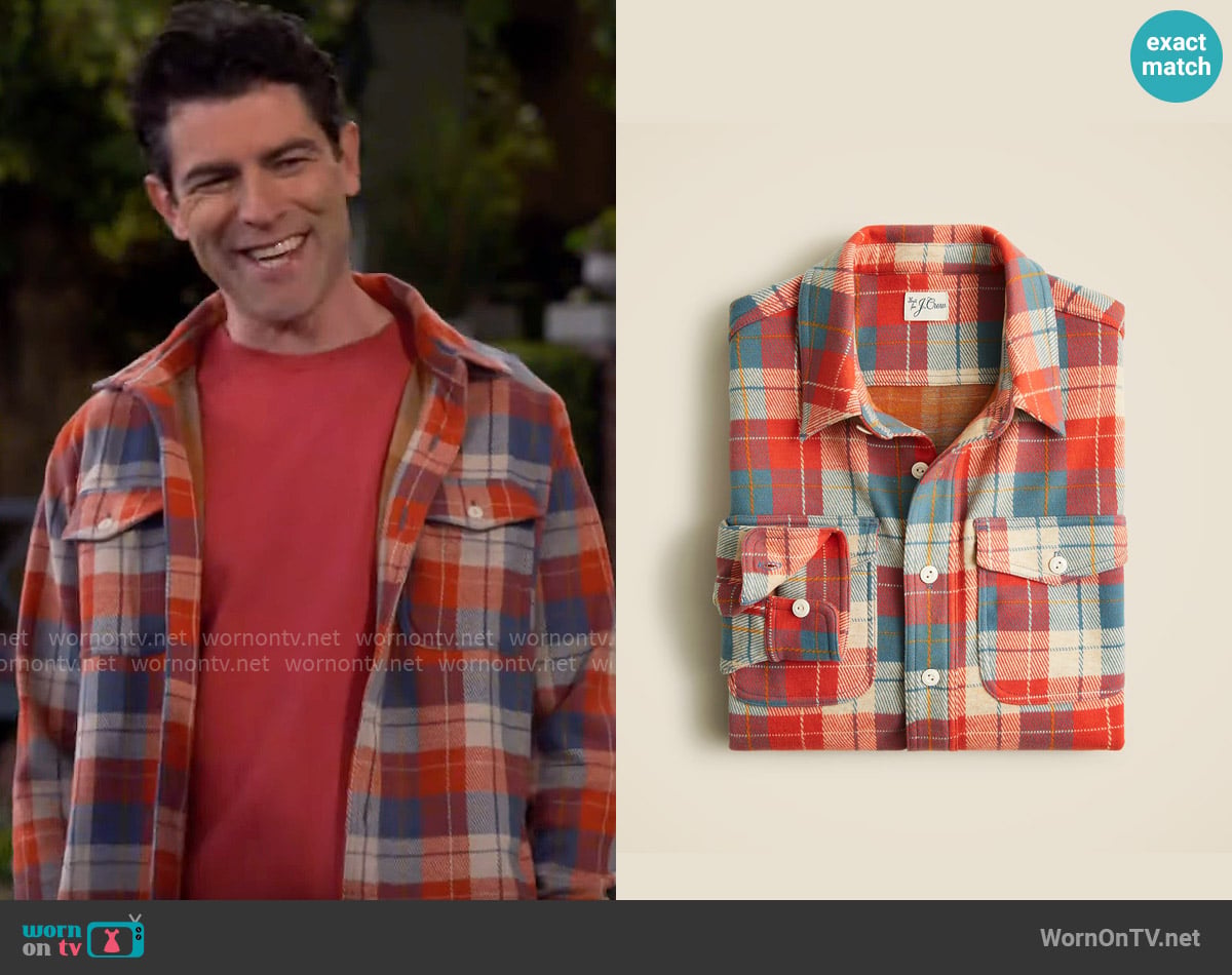 J. Crew Seaboard soft-knit shirt in plaid in Darnell Red Blue worn by Dave Johnson (Max Greenfield) on The Neighborhood