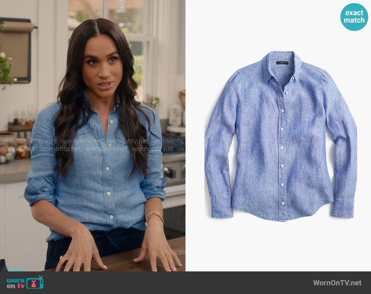 J. Crew Slim perfect shirt in cross-dyed Irish linen worn by Meghan Markle on With Love Meghan