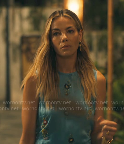 Jaclyn’s blue floral beaded dress on The White Lotus