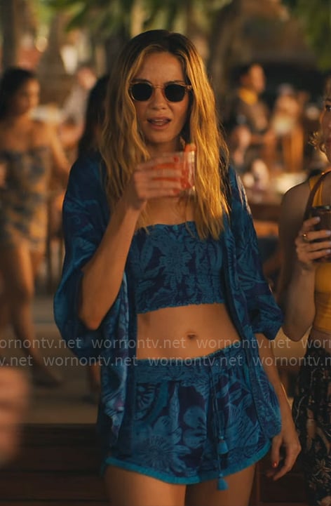 Jaclyn’s blue floral shorts, bandeau top and kimono on The White Lotus