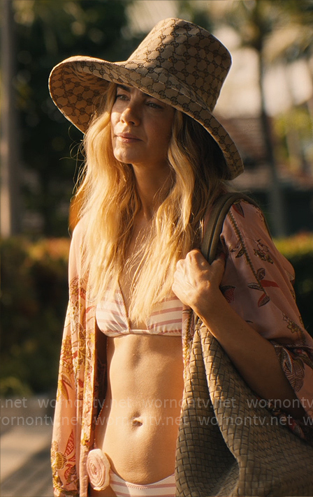 Jaclyn’s pink striped bikini and floral coverup on The White Lotus