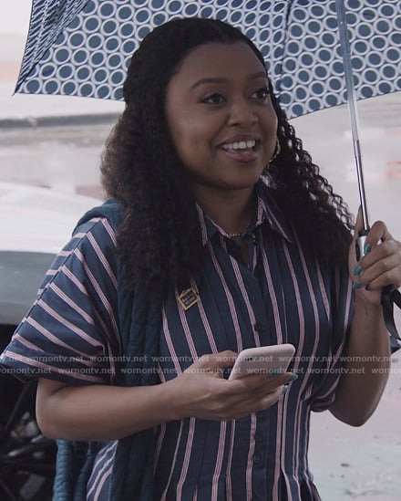 Janine’s blue striped shirtdress on Abbott Elementary